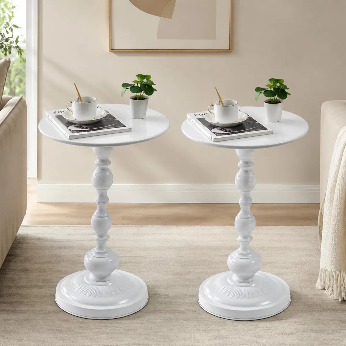 Set da 2 Tavolini Piccolo da Salotto, Tavolino da Balcone, Vintage Tavolino Piccolo in Metallo, Creativo Coffee Table (Bianco, 40 x 45 cm)