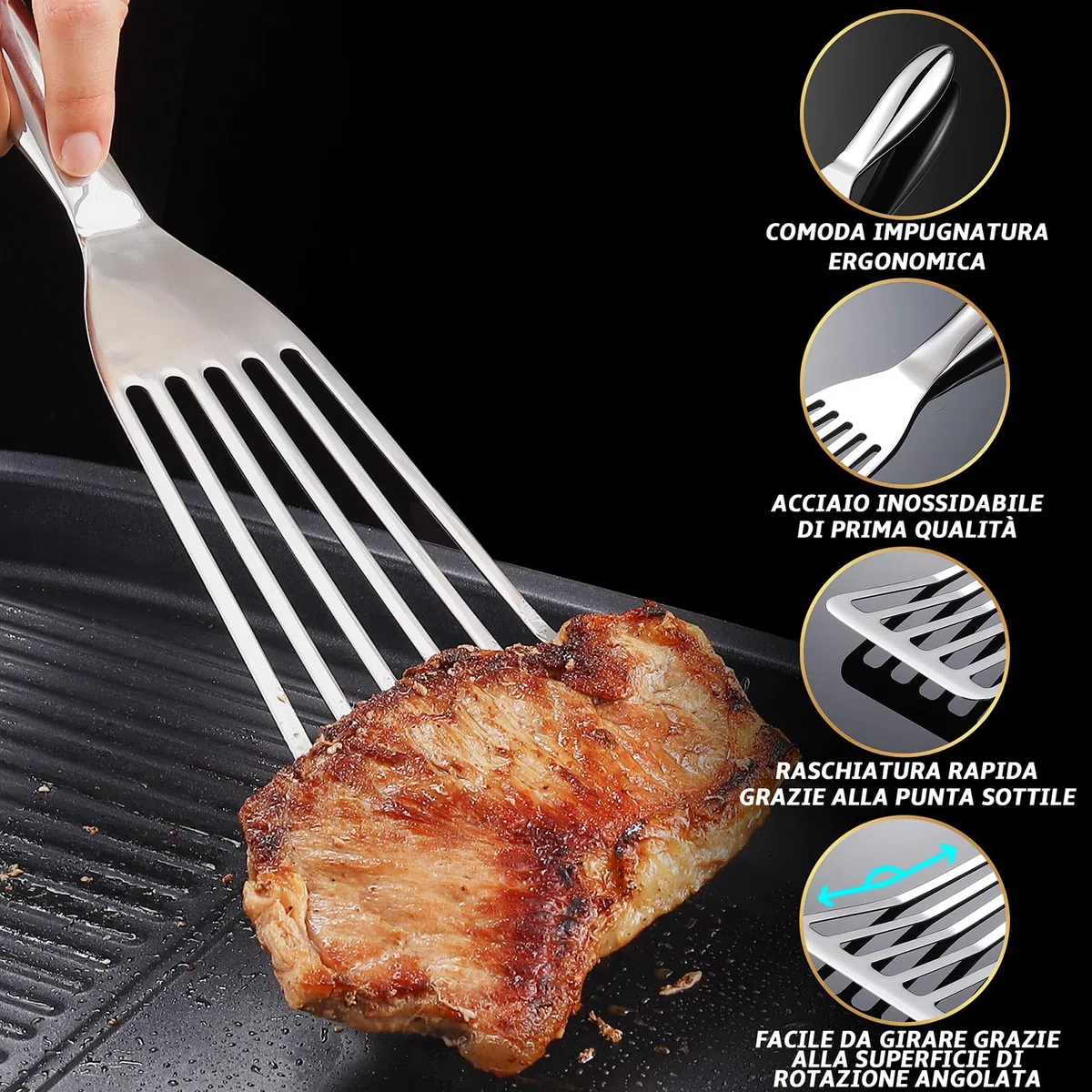 Set di Paletta cucina in acciaio inox - 1x Spatola per Pesce e Spatola per Cucinare Carne Gnocchi Uova - Impugnatura ergonomica - Lavabili in Lavastoviglie