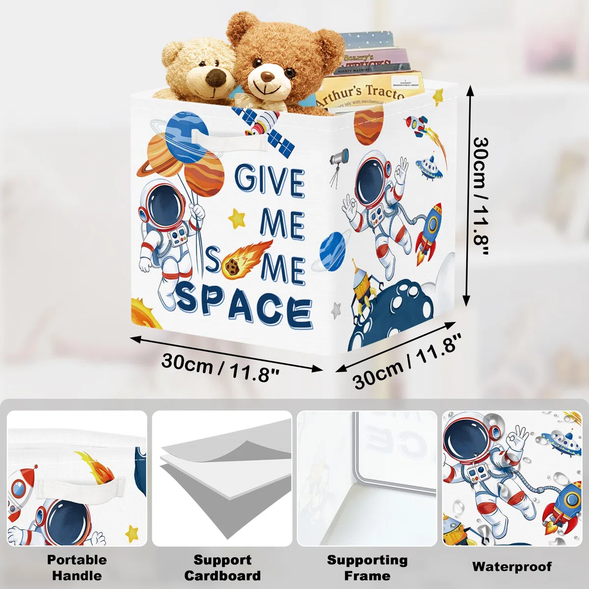30cm Set di 3 Scatole Portaoggetti Spazio Cosmico Contenitore Porta Giochi Ragazzo Pieghevole Astronauta Cubi Portaoggetti per Libreria Kallax Salotto, Bianco