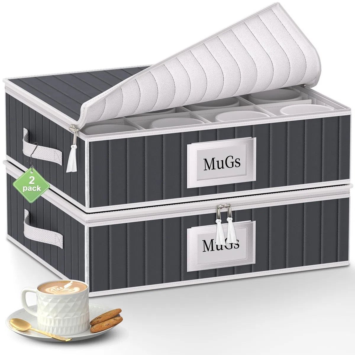 Contenitore per tazze e tazze con divisori – Set da 2 pezzi, contiene 24 bicchieri, contenitore impilabile per tazze da caffè con 2 cerniere in metallo, etichetta e manici (grigio)