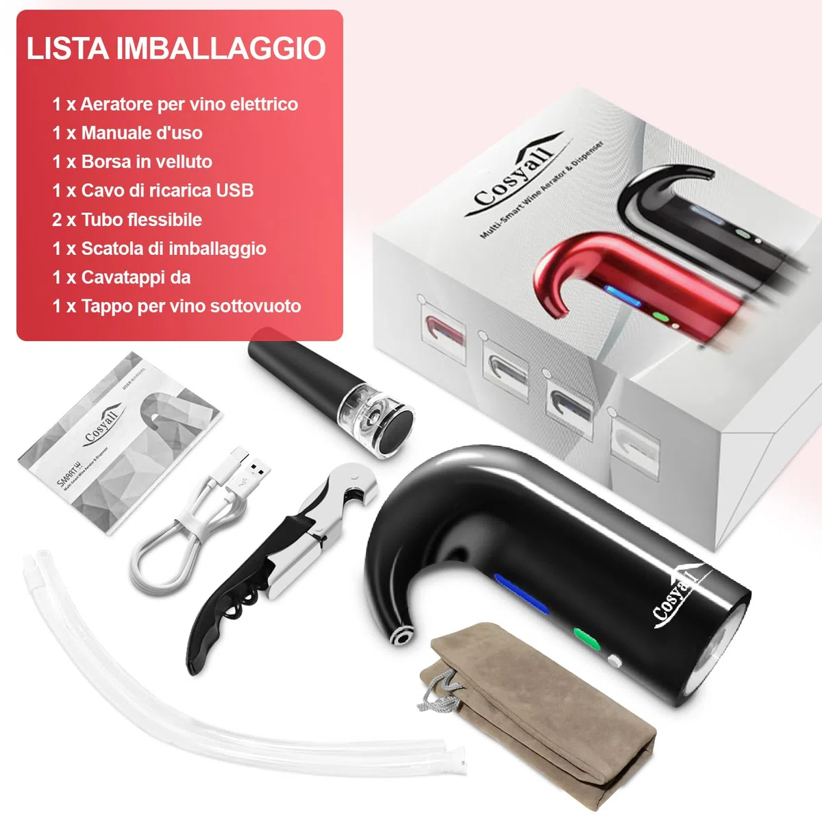 Aeratore Elettrico per vino, Decanter per Vino Aperitivo Accessori Ossigenatore Ricaricabile del Vino, Dispositivo per Versare il Vino con Sacchetto per la Polvere (Nero)