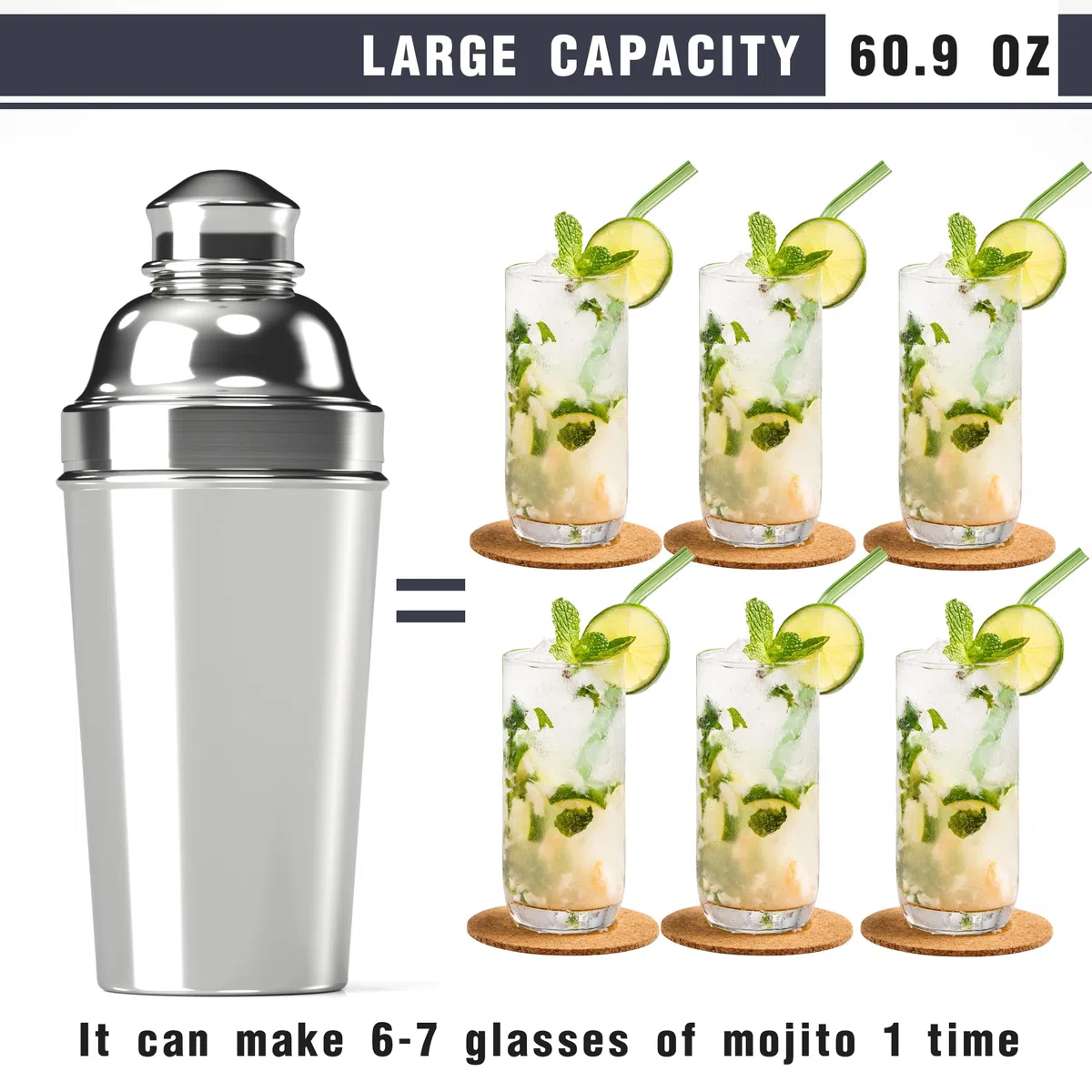 Grande shaker per cocktail da 1,8 l, in acciaio inox, color argento, per cocktail da barista, miscelatore per bevande da 1,8 l, colino integrato