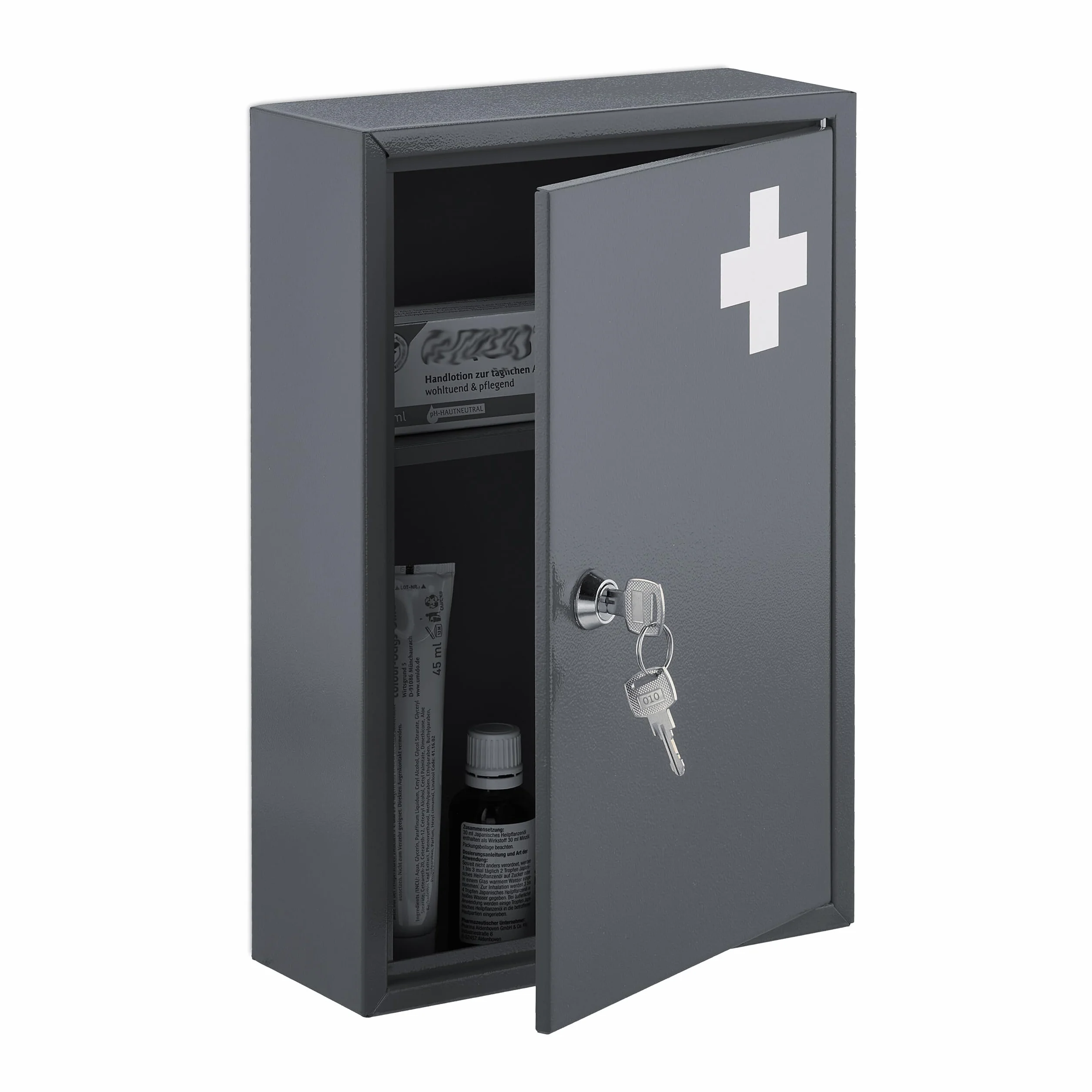 Relaxdays Armadietto Pronto Soccorso per Medicinali, Cassetta con Chiusura di Sicurezza, 32x21,5x9,5 cm, Grigio Bianco