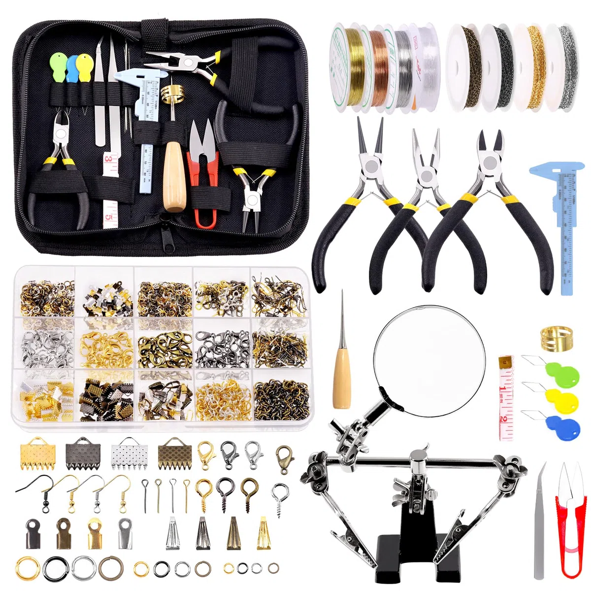 GLARKS Kit di 950 pezzi per la creazione di gioielli con strumenti per la creazione di gioielli, pinze per gioielli, fili per perline, risultati di gioielli e strumenti di misurazione per la