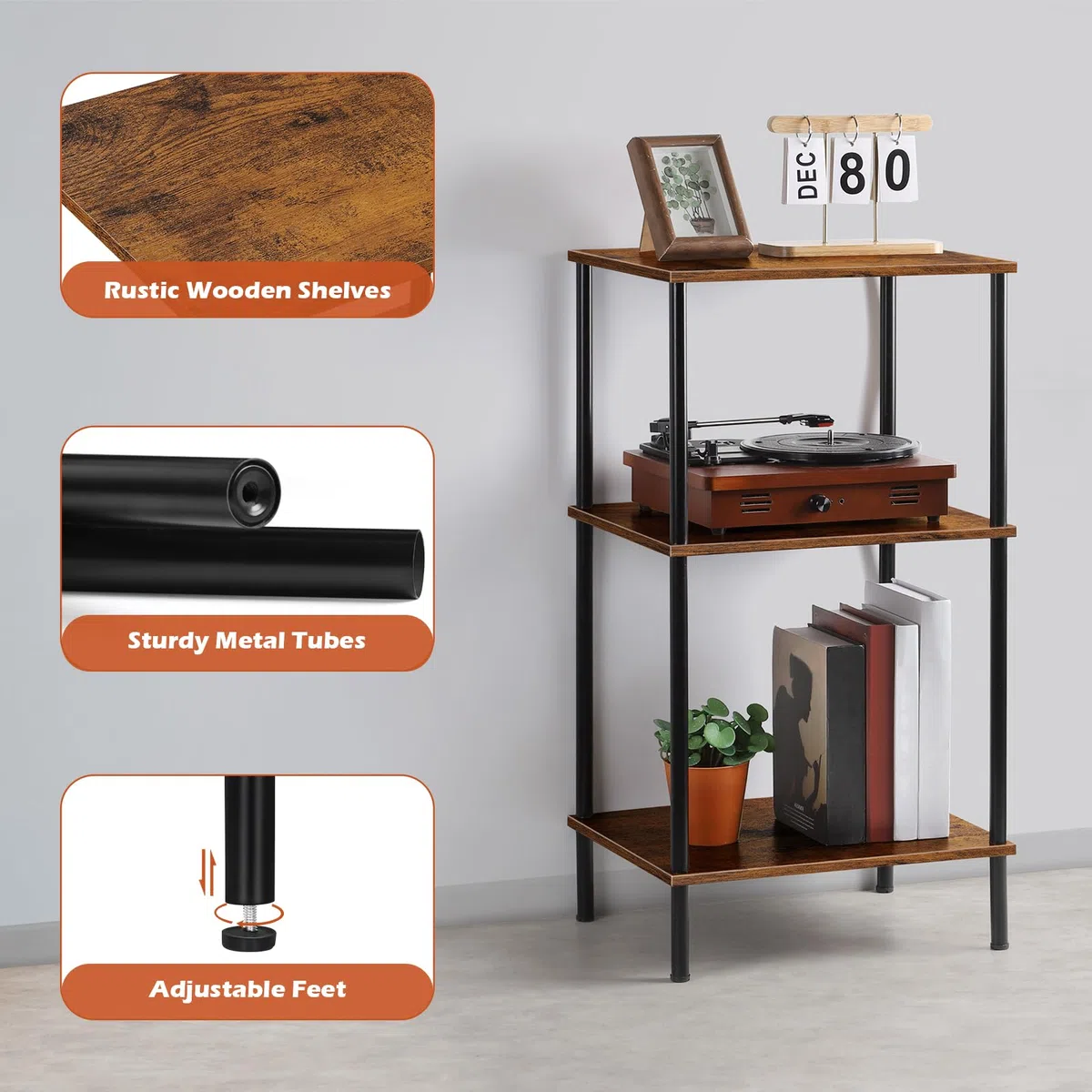Tavolino Alto a 3 Livelli con Ampio Spazio di Archiviazione - Per Salotto e Spazi Piccoli (76cm) - Mobile Multifunzionale da Salotto/Camera con Design Industriale in Legno e Metallo - Marrone