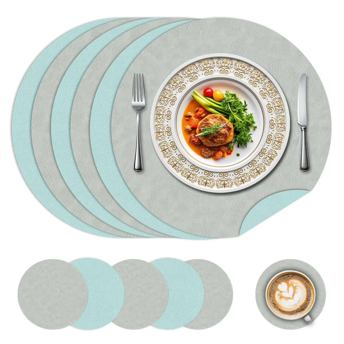 Set di 6 tovagliette e sottobicchieri rotondi da 15 pollici, tovagliette da cucina antiscivolo e impermeabili su entrambi i lati per la casa, il ristorante, il tavolo da pranzo