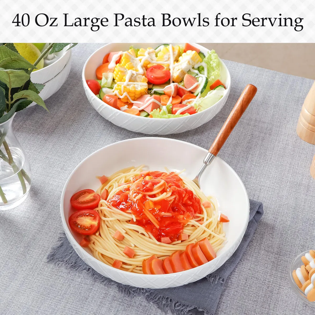 NUTRIUPS 20.6cm Set di 4 Ciotole per Pasta, 1200ML Ciotole per Cena Bianche, Ciotole per Pasta Profonde in Ceramica, Ciotole per Insalata - Sicure per Microonde e Lavastoviglie