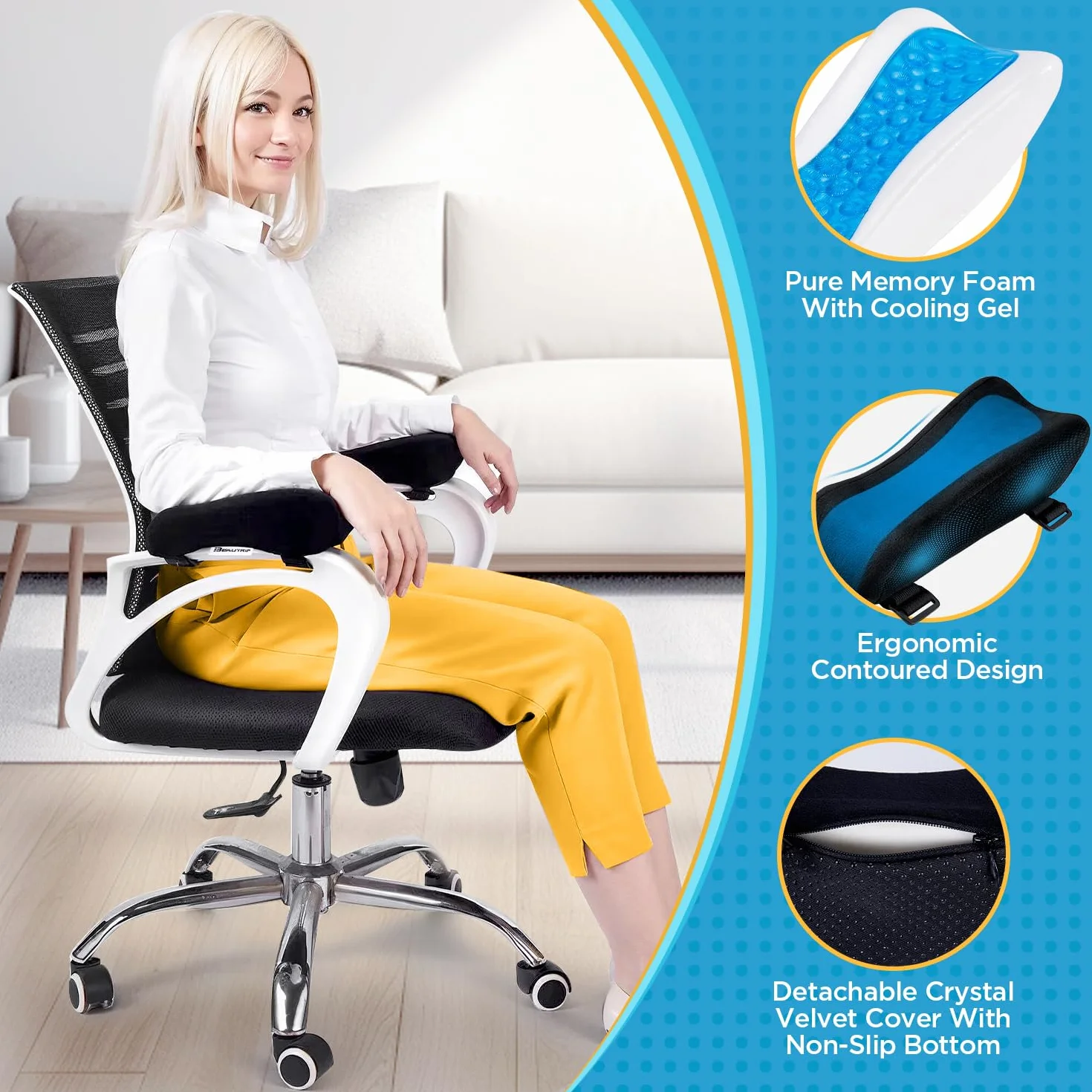 BEAUTRIP, Cuscinetti ergonomici per braccioli, per sedia da ufficio, cuscino di supporto per gomito, per computer, gaming e sedie da scrivania (set di 2) (nero con gel_velluto)