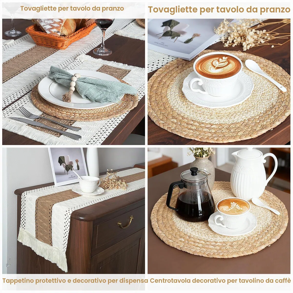 Set di 6 tovagliette fatte a mano in stile bohémien, in iuta di cotone naturale e paglia d'acqua, decorazioni in macramè e tovagliette in stile rustico, per tavolo da pranzo e cucina