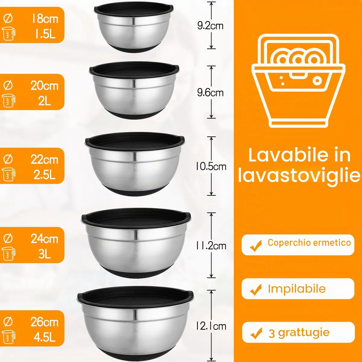 KUOGAS Set di 5 Insalatiera con Coperchio,Ciotole Cucina,3 Accessori per Grattugia, Grande Ciotole Acciaio Inox Cucina, Impilabile, Paraspruzzi, Lavabile in Lavastoviglie