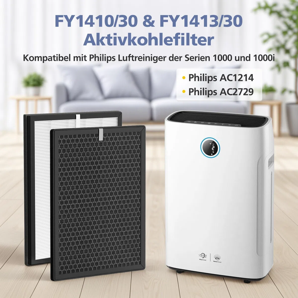 2 filtri di ricambio compatibili con purificatori d'aria Philips 1000 e 1000i, filtro HEPA per AC1214/10 e AC2729/10, filtro di ricambio FY1410/30 e FY1413/30 (1 filtro HEPA + 1 filtro a carbone