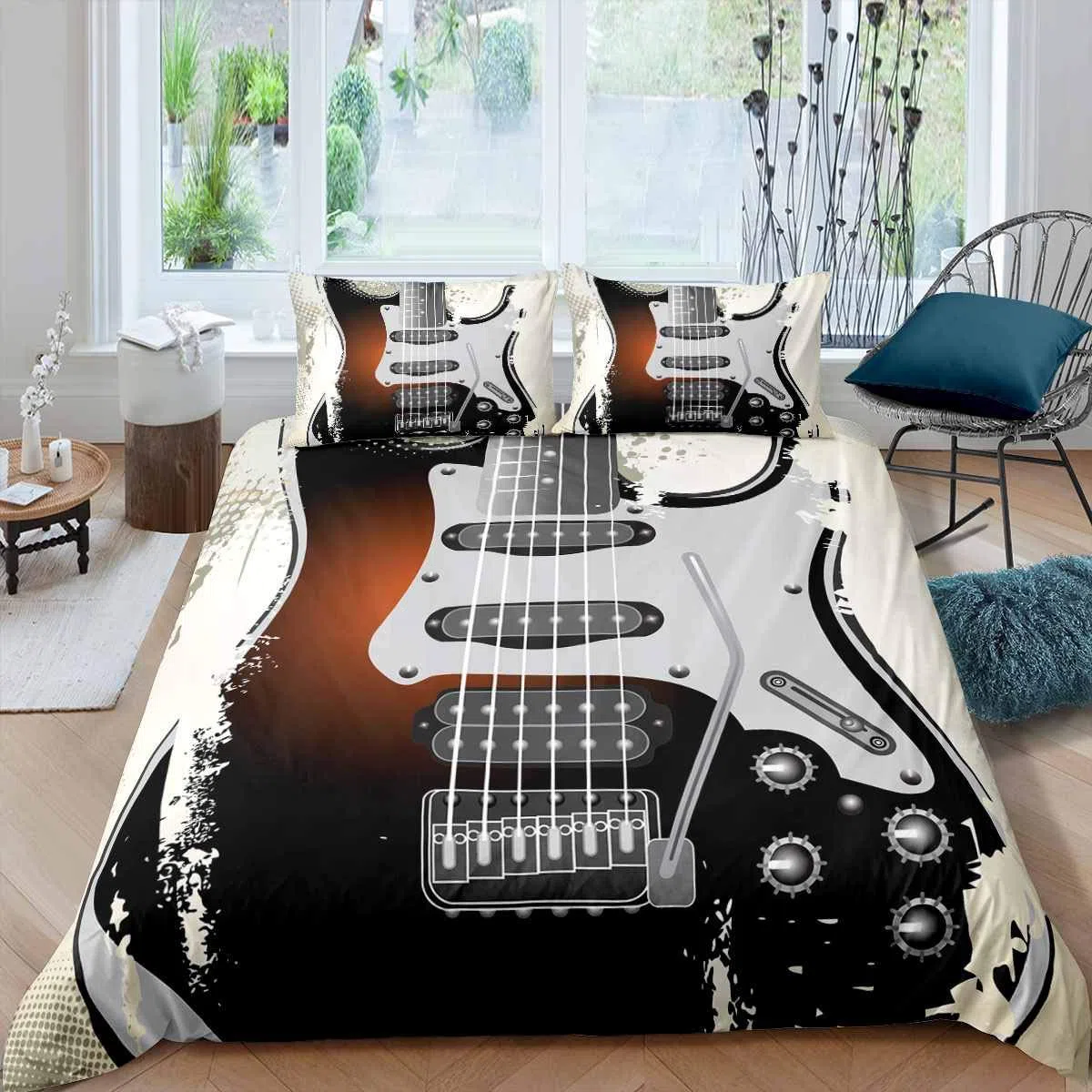 Set di biancheria da letto per chitarra e chitarra con tema musica rock, strumento musicale, biancheria da letto e biancheria copriletto singolo, con 1 federa