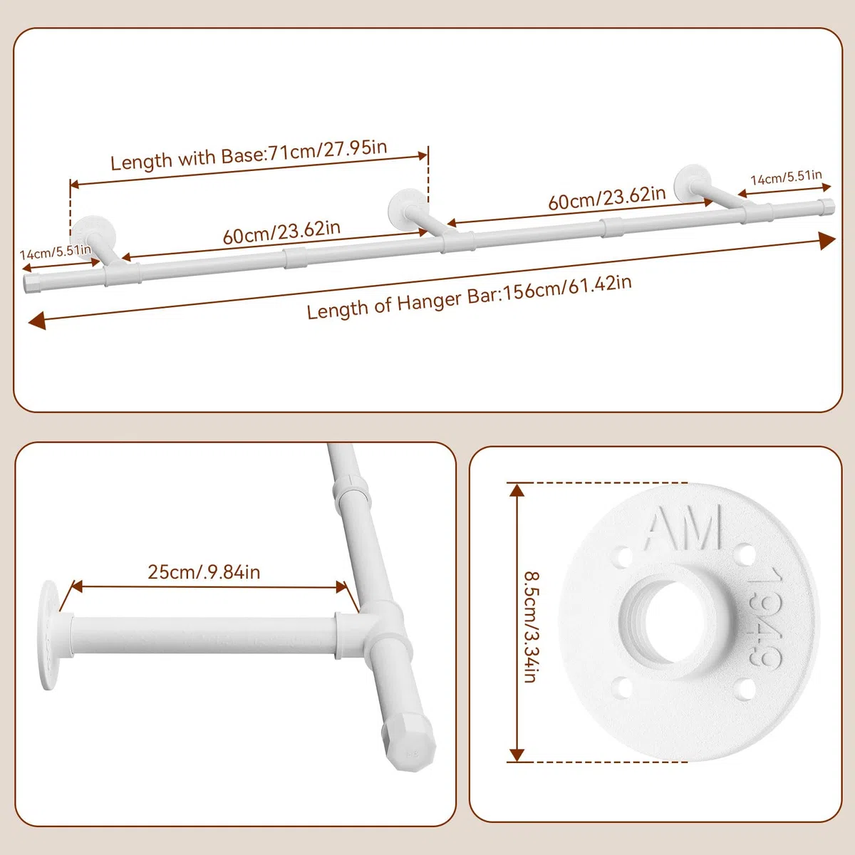 IBUYKE 156cm Barra Appendiabiti da Parete, Metallo Barra Appendiabiti per Tubo Industriale con Capacità di Carico di 50kg, Appendiabiti da Parete da Muro Salvaspazio per la Casa, Bianco TYJ007W