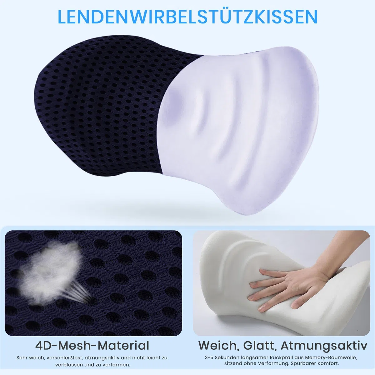Cuscino Lombare per Auto,Cuscino Posteriore in Memory Foam per Seggiolino,Cuscino di Supporto Lombare Regolabile,Ridurre La Pressione Lombare per la Casa,Ufficio,Auto (Blu navy)