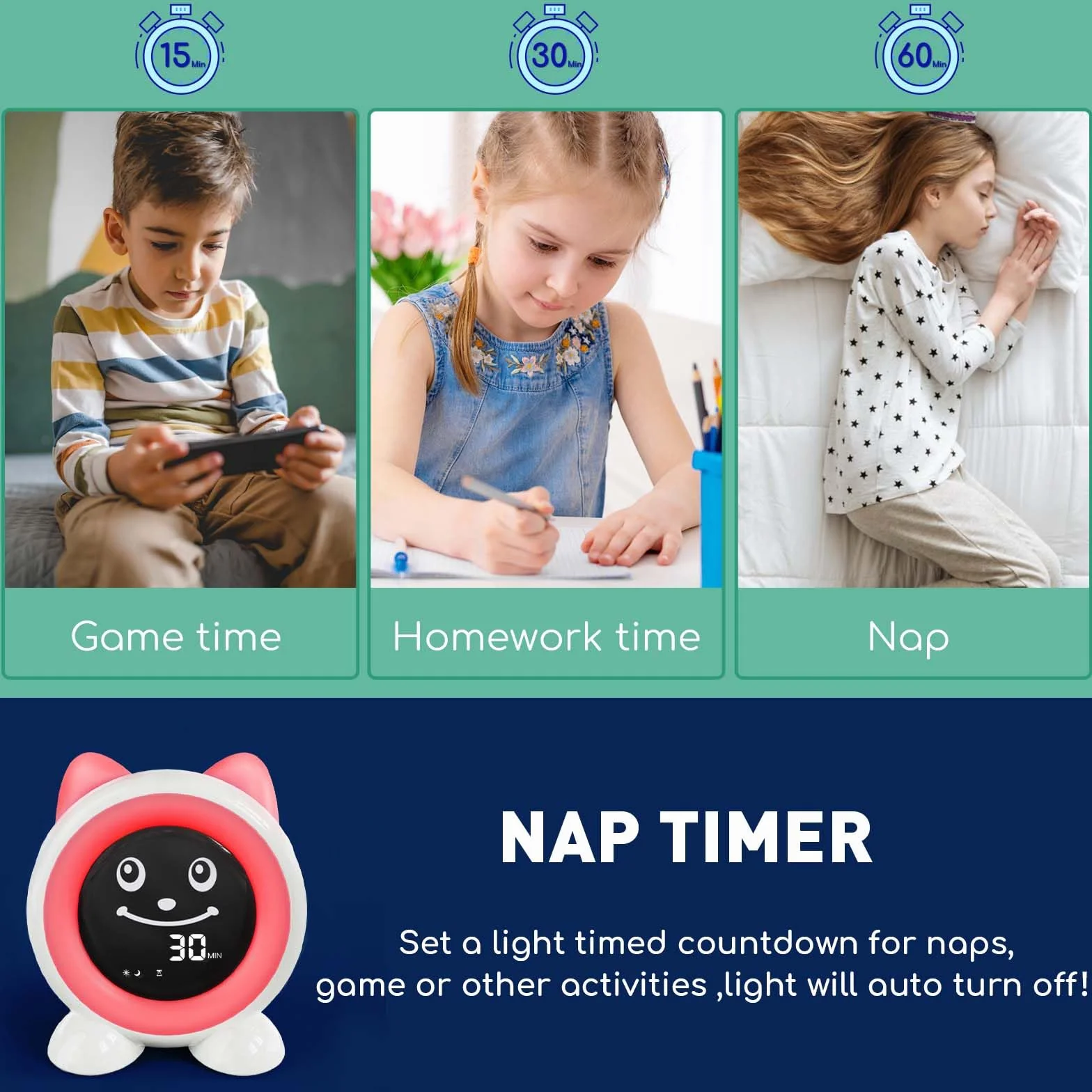 Time to Wake Sveglia per bambini, I.CODE Orologio da allenamento del sonno per i bambini con luce notturna e timer Nap, regalo per bambini da 2 a 10 anni (verde foresta)