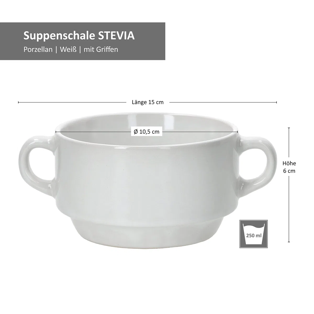MamboCat Stiva - Set di 6 ciotole da zuppa da 250 ml, colore bianco, per 6 persone, con manico per stufato e zuppa