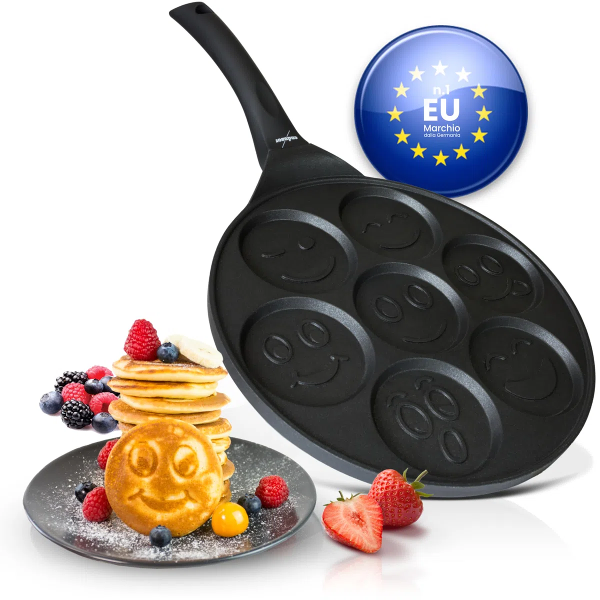 endusor Padella per Pancake con Faccine per Bambini - Ø26cm Padella per Pancakes smiley antiaderente | Per Fornelli a Induzione Gas Ceramica Elettrici Alogeni | Piastra 7 stampi per Pancakes Smiley