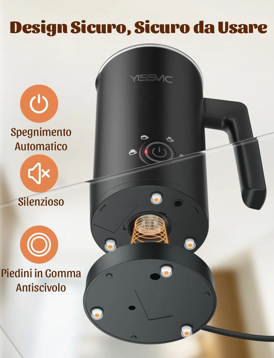 YISSVIC Montalatte Elettrico Cappuccino 4 in 1 Cappuccinatore Elettrico 300ML, Spegnimento Automatico, Facile da Pulire, Schiuma di Latte Calda e Fredda, Adatto per Latte e Cappuccino