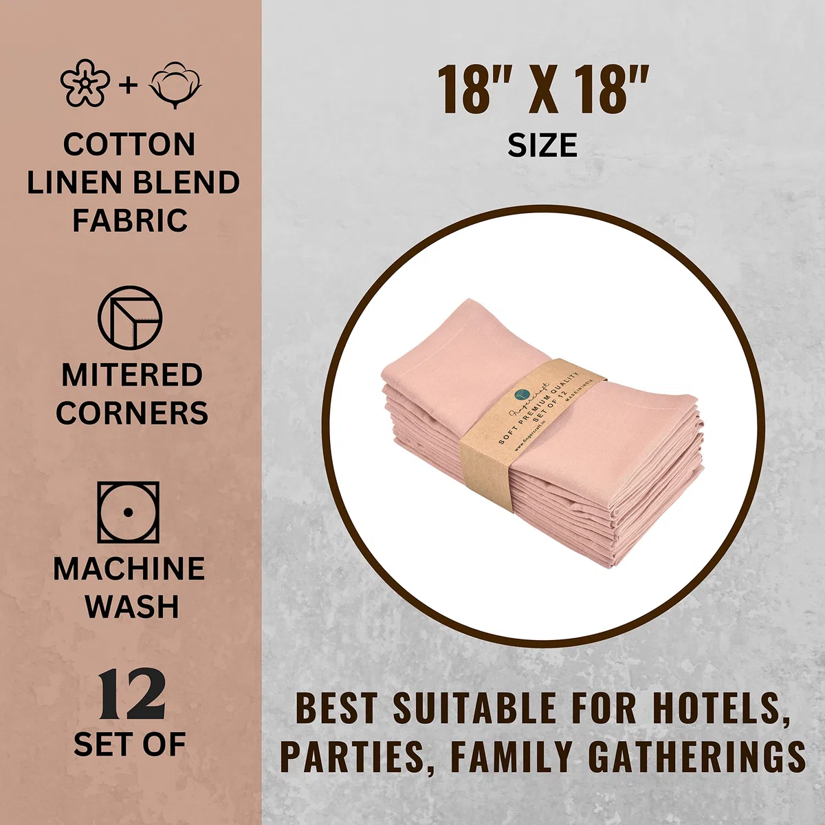FINGERCRAFT Tovaglioli Di Stoffa Lavabili In Tessuto Di Cotone E Lino, Confezione Da 12 Fard, Qualità Premium, Angoli Smussati Per L'uso Quotidiano I tovaglioli sono Rosa Antico Prelavato