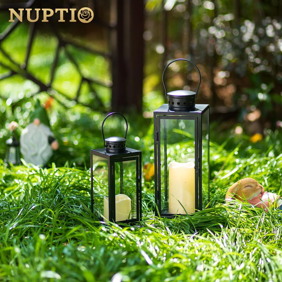 NUPTIO Lanterna per Candele All'aperto Nero: 35cm Alto Garden Candle Lanterns Indoor Hanging Decorative Memorial Metallo Vetro Fuori per Soggiorno Natale Halloween Matrimonio Centrotavola