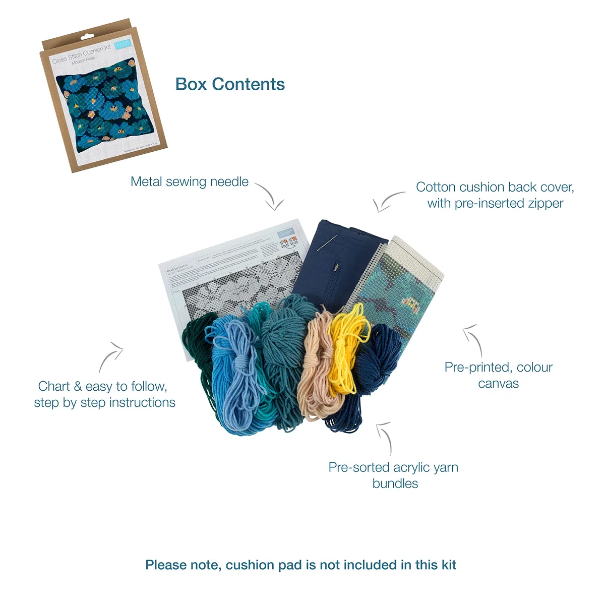 Trimits Kit per ricamo a punto croce, cuscino posteriore incluso, tela prestampata, filato e ago inclusi 40 x 40 cm, motivo floreale moderno