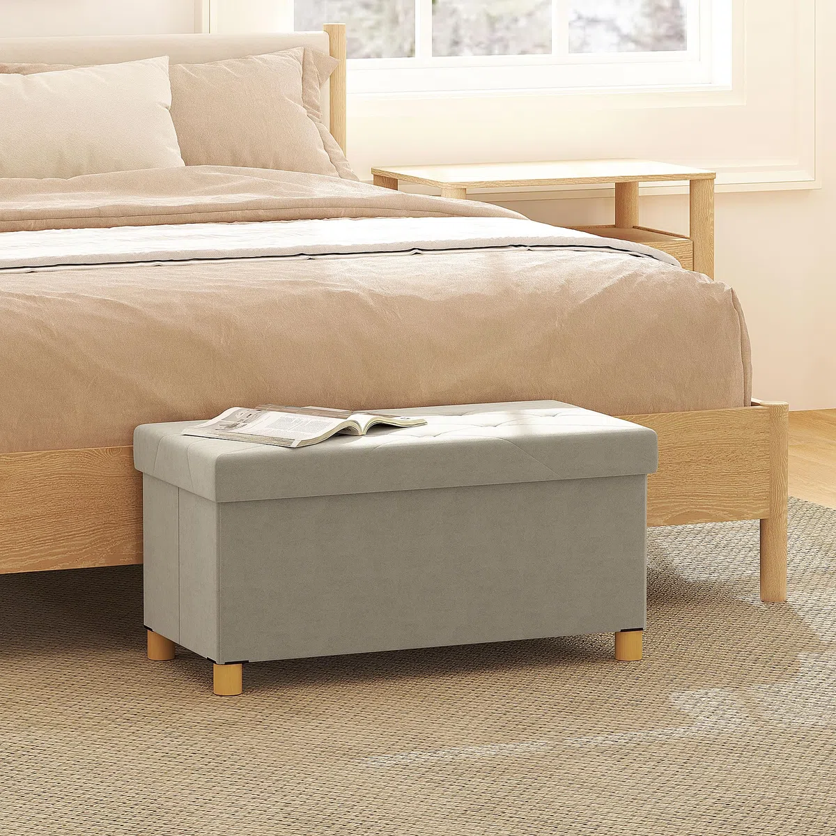 HOMCOM Panca Contenitore Pieghevole da 67L, Panca Fondoletto con Coperchio Imbottito e Rivestimento Vellutato, per Soggiorno, Camera da Letto e Ingresso, 76x38x38cm, Bianco Crema