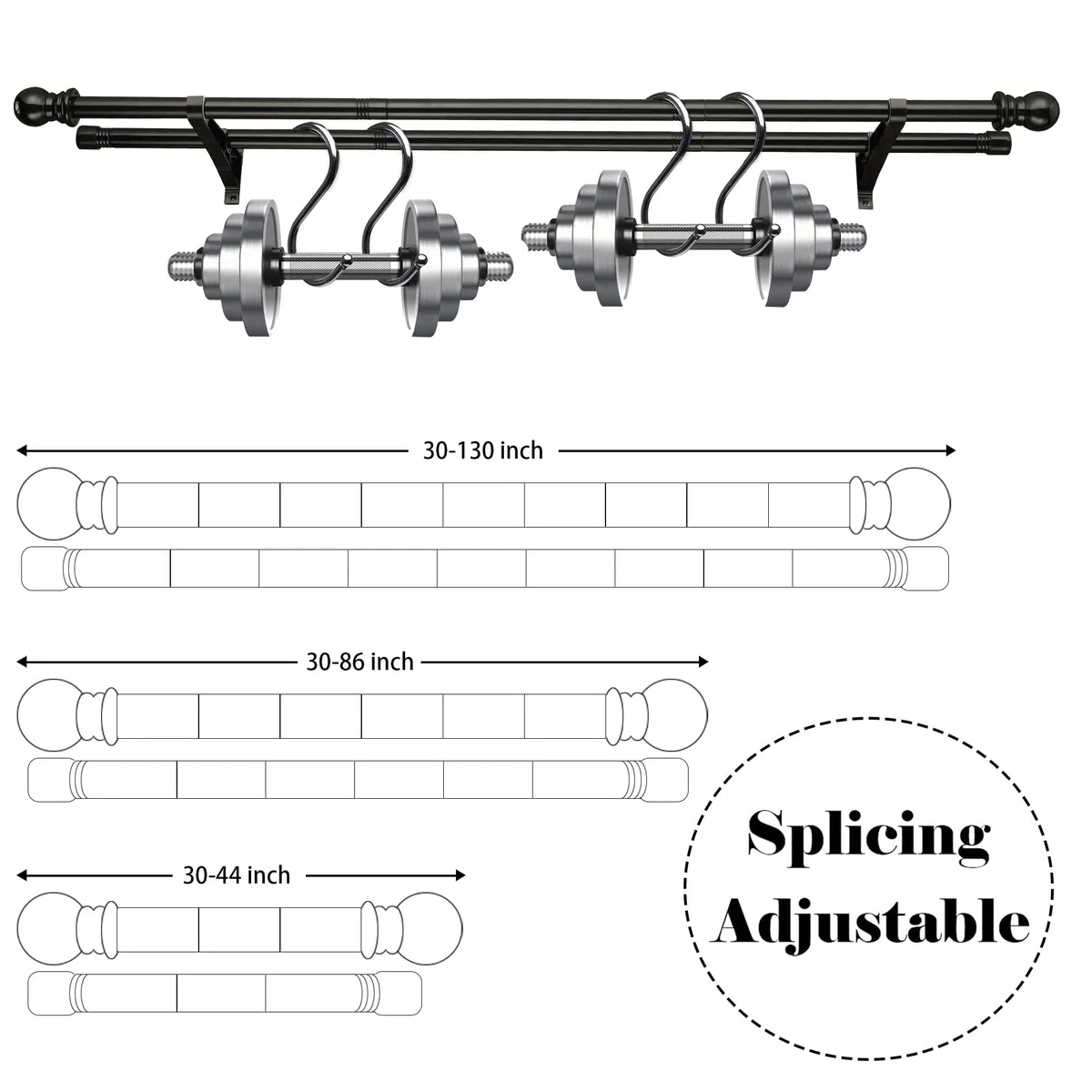 Harms - Bastone per tenda doppio, asta estensibile in metallo per tende in voile oscuranti, 76-222 cm, colore: nero
