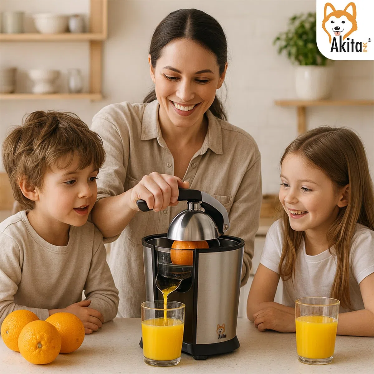 Akitaink Spremiagrumi Elettrico a Braccio 85W Acciaio Inox con Leva – Coni per Limone e Arancia Inclusi - Spremiagrumi Potente e Silenzioso