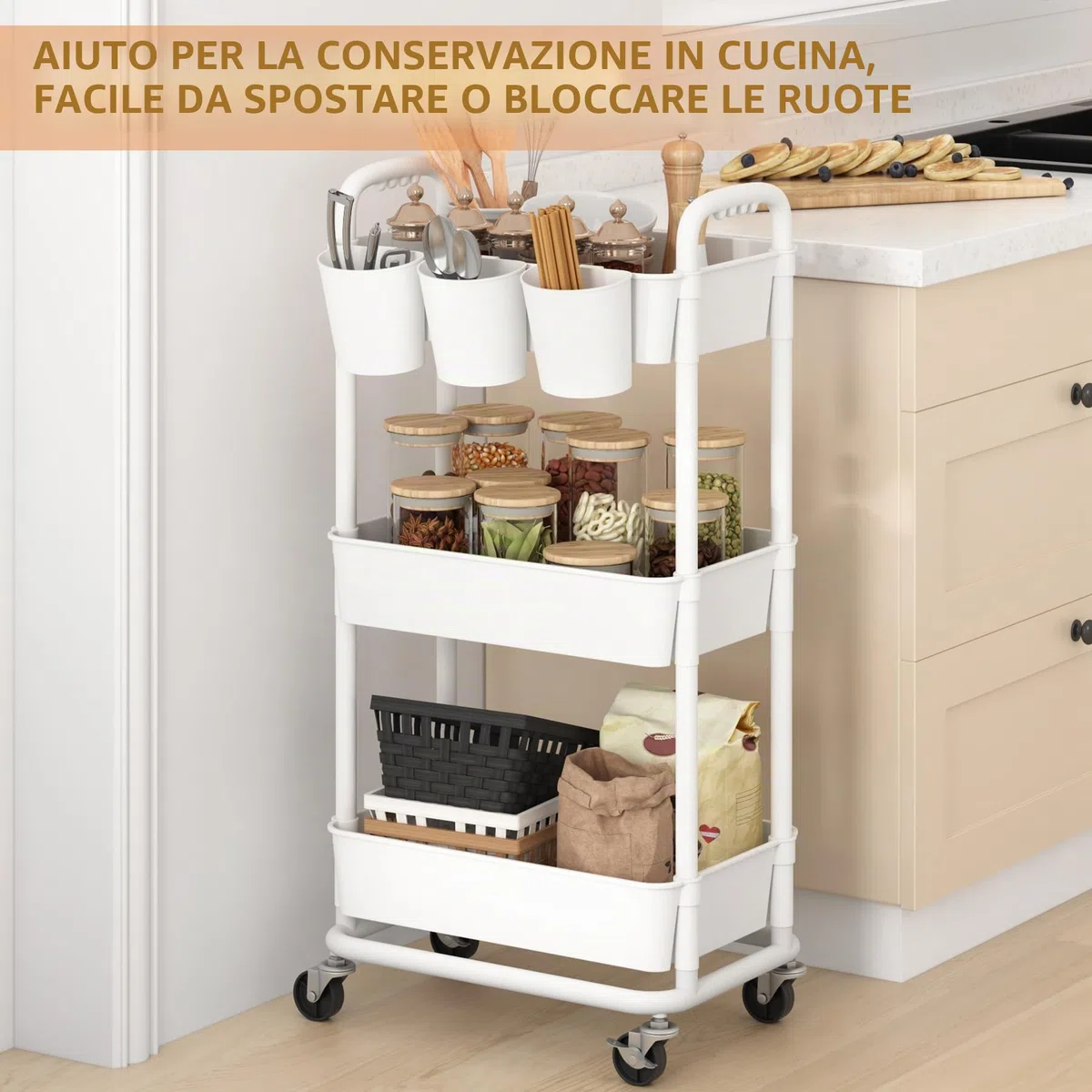 JIUYOTREE Carrello portaoggetti in plastica a 3 livelli con manici extra appesi e ruote bloccabili, per soggiorno, bagno, cucina, ufficio, bianco