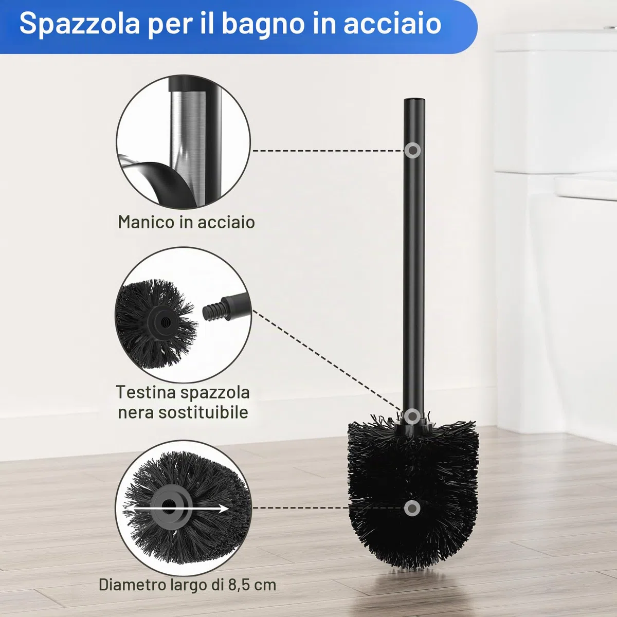 Porta carta igienica in acciaio inox con spazzola per WC – Porta carta igienica con scopino per WC con scatola per salviette umidificate e spazzola per WC, porta rotolo in piedi con ripiano in vetro