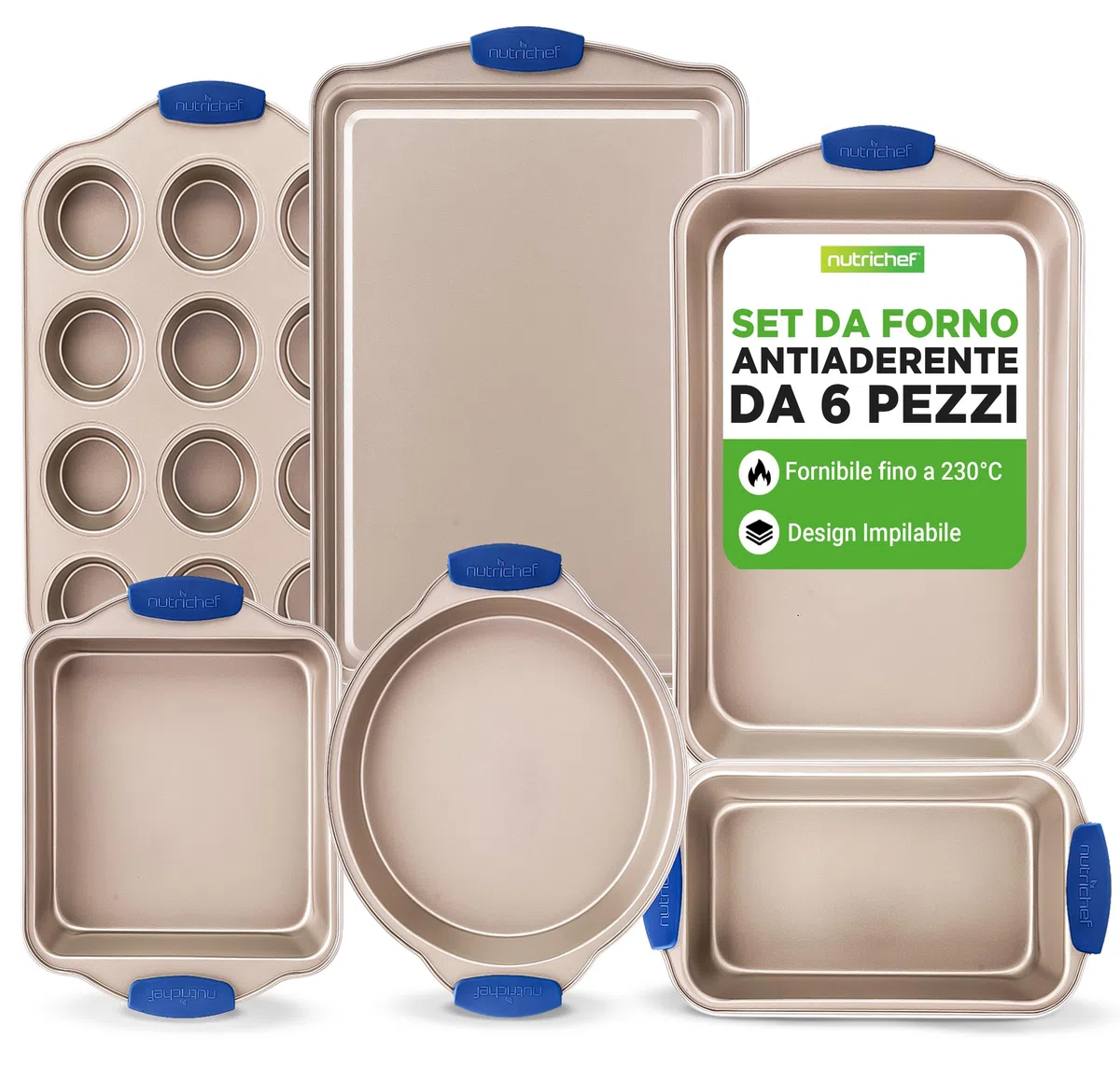 NutriChef Set 6 Teglie da Forno Antiaderente, Acciaio al Carbonio con Manici in Silicone, Stampo per Pane, Stampo per Muffin/Cupcake, Padelle da Arrosto Rotonde e Quadrate, Foglio per Biscotti