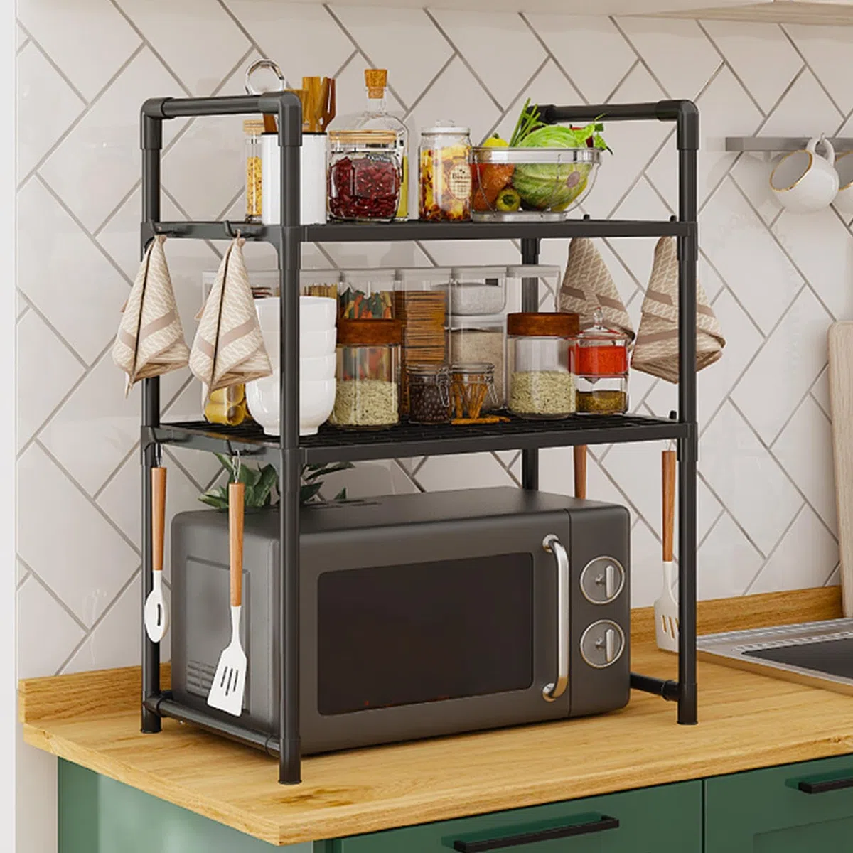 Scaffale Per Forno A Microonde, 2/3 Livelli Mensola Ripiano Della Cucina, Scaffale Per Forno A Microonde Da Appoggio, Mensola Microonde Salvaspazio Con Ganci, Microonde Cucina Organizzatore Ripiani