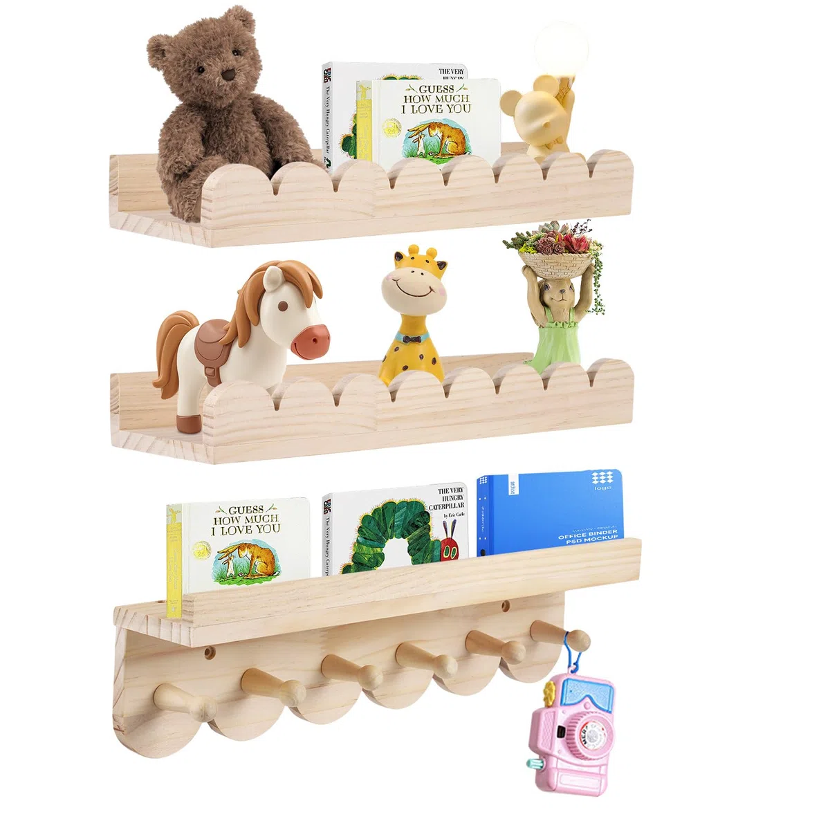 Set di 3 mensole da parete in legno massello per bambini - Librerie con 6 ganci per libri e giocattoli - Mensola Montessori 40 cm - Mensola sospesa con curve per bambini e bambine