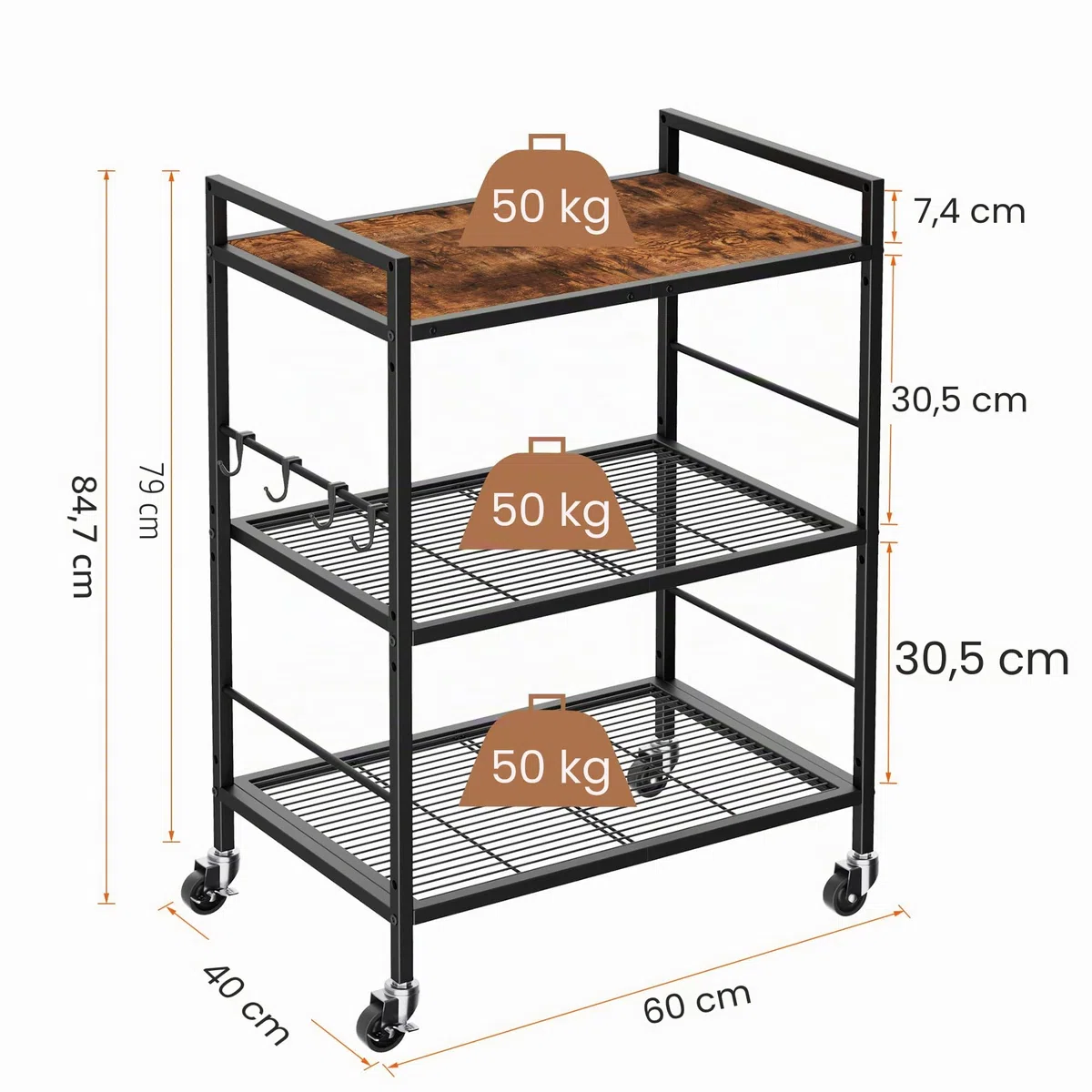 Carrello da cucina (telaio nero + pannello nero, organizzatore mobile, ruote industriali (spazi piccoli), 3 livelli (40 x 60 x 84.7 cm)