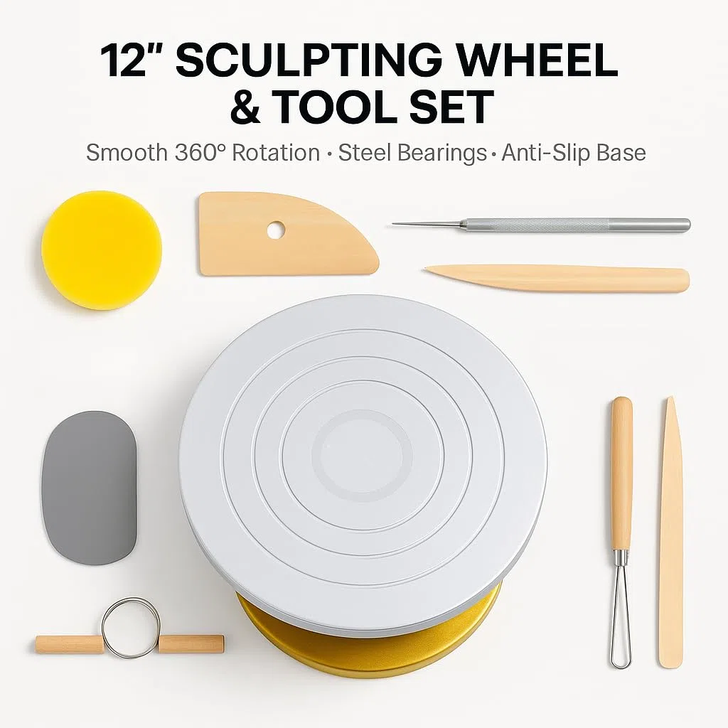IRSTBL - Ruota per scolpire 30,5 cm – Ruota girevole in plastica resistente con cuscinetti in acciaio e base antiscivolo – Ceramica, modellismo – Include set di 8 attrezzi per argilla