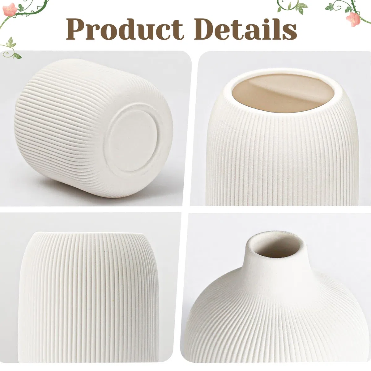 Dnnnii Set di 3 vasi moderni in ceramica bianca di Rib Texture, perfetti per decorazioni per la casa neutre e di transizione, collezione di vasi decorativi minimalisti, piccoli vasi in ceramica per un