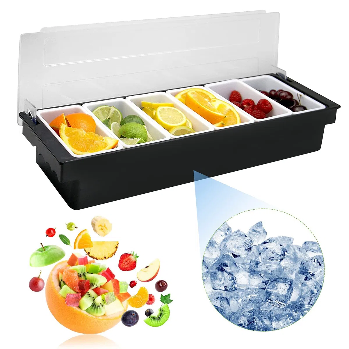 Contenitore per condimenti per Verdure alla Frutta, Contenitore per condimenti raffreddato a Ghiaccio, Stazione di Contorno in plastica con Coperchio per la casa,Nero,6 Girds