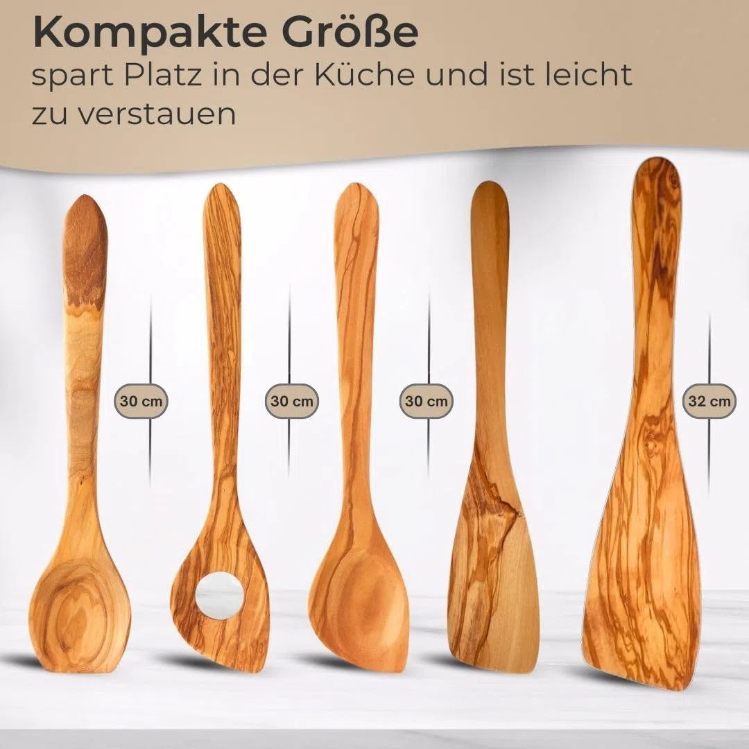 Utensile da cucina in legno d'ulivo, set di cucchiai da insalata, cucchiaio da miele, macinasale o pepe (set da 5 pezzi)