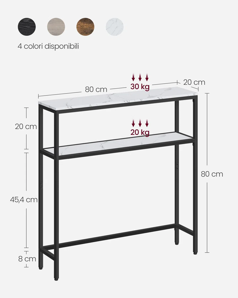 VASAGLE Tavolo Consolle, Tavolo Stretto a 2 Ripiani Portaoggetti, 20 x 80 x 80 cm, per Soggiorno, Corridoio, Ingresso, Bianco Marmo e Nero Inchiostro LNT130W59