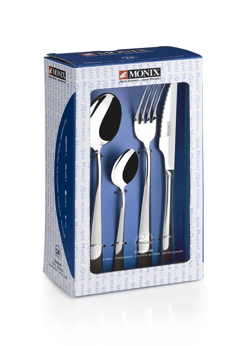 MONIX Milan | Set di posate di 24 pezzi con coltello da bistecca, acciaio inossidabile 18/10, design contemporaneo, finitura lucido brillante, spessore 2 mm (6 persone)