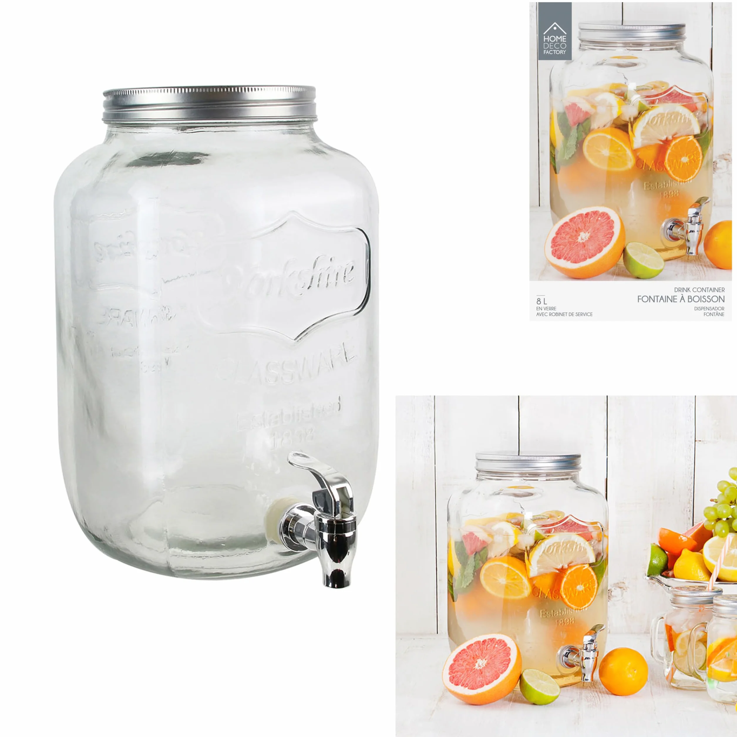 HOME DECO FACTORY Fontana per Bevande in Vetro, 8 L, Trasparente