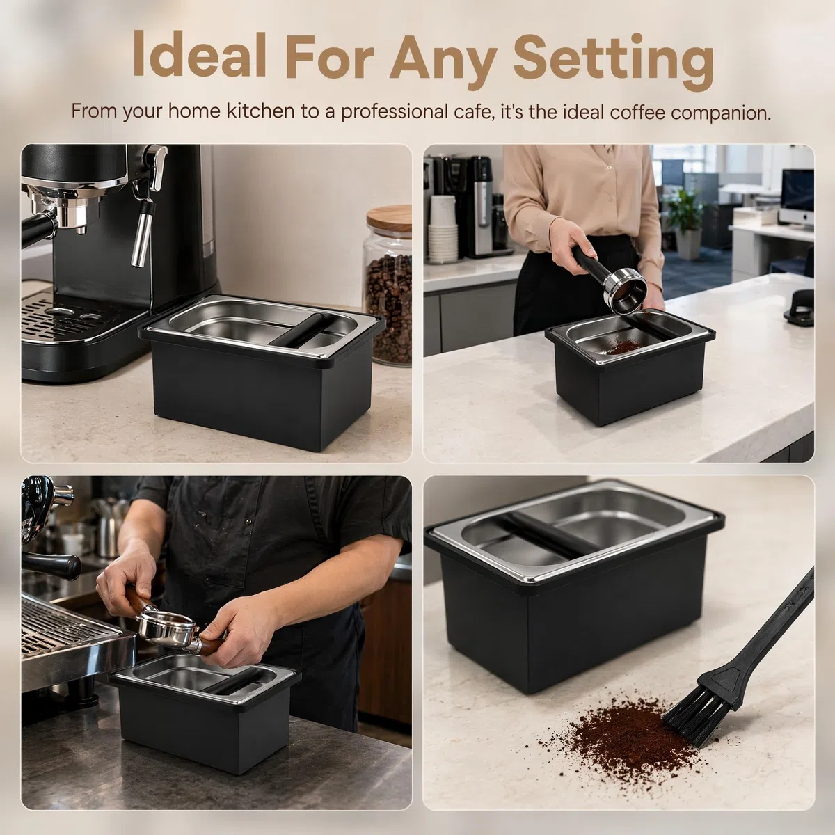 Contenitore per Fondi di Caffè in Acciaio Inossidabile, Knock Box Rimovibile con Spazzola di Pulizia, Contenitore Battifiltro per Macchina Espresso, Accessorio per Barista Casa e Caffetteria