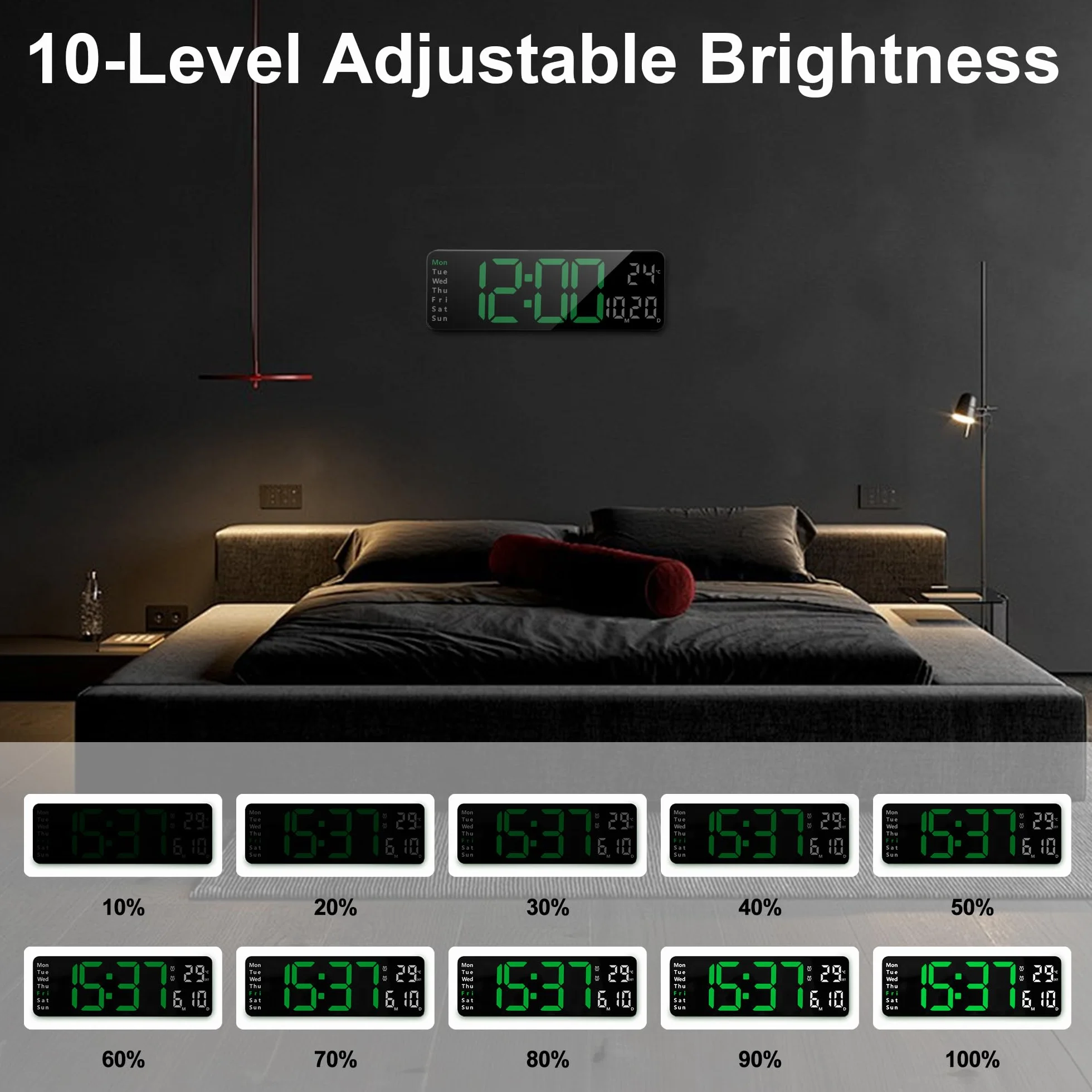 Lafocuse Orologio da Parete Digitale Grande LED Display, 13" Facile da Leggere con Telecomando,Temperatura,Calendario,2 Allarme,Luminosità Regolabile,12/24 Ore per Soggiorno Cucina Ufficio, Verde