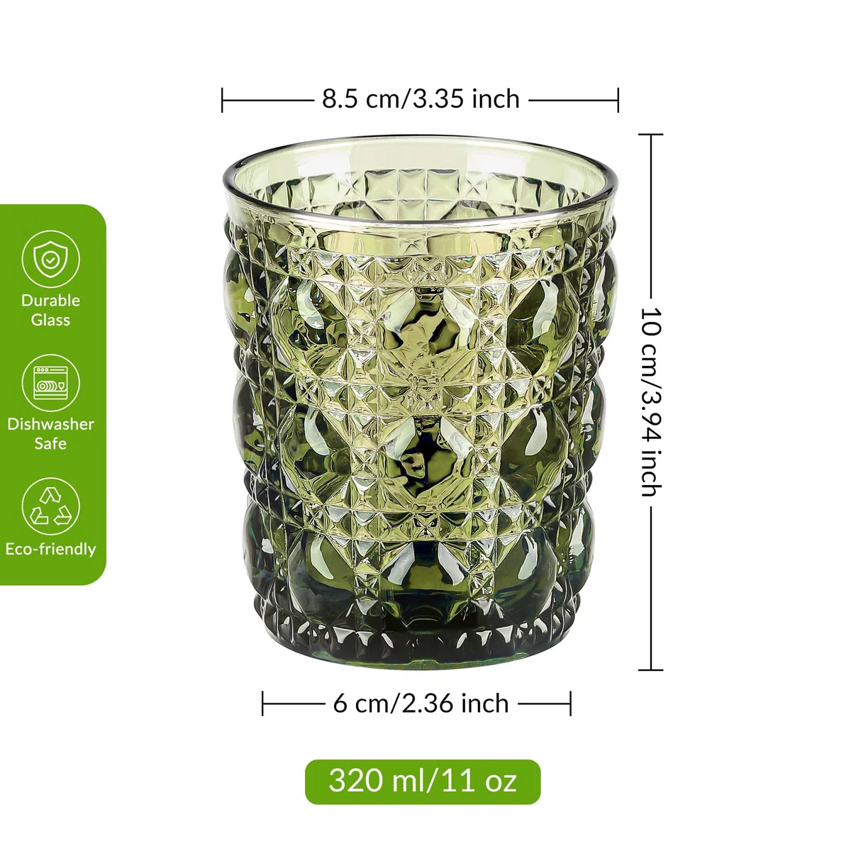 Joeyan 32cl Bicchieri da Acqua in Vetro Colorati, Set di 6 Verde Tumbler Basso con Gemme Rilievo, Design Moderno, Idea Regalo Per Matrimoni, Feste e Casa Nuova, Lavabile in Lavastoviglie