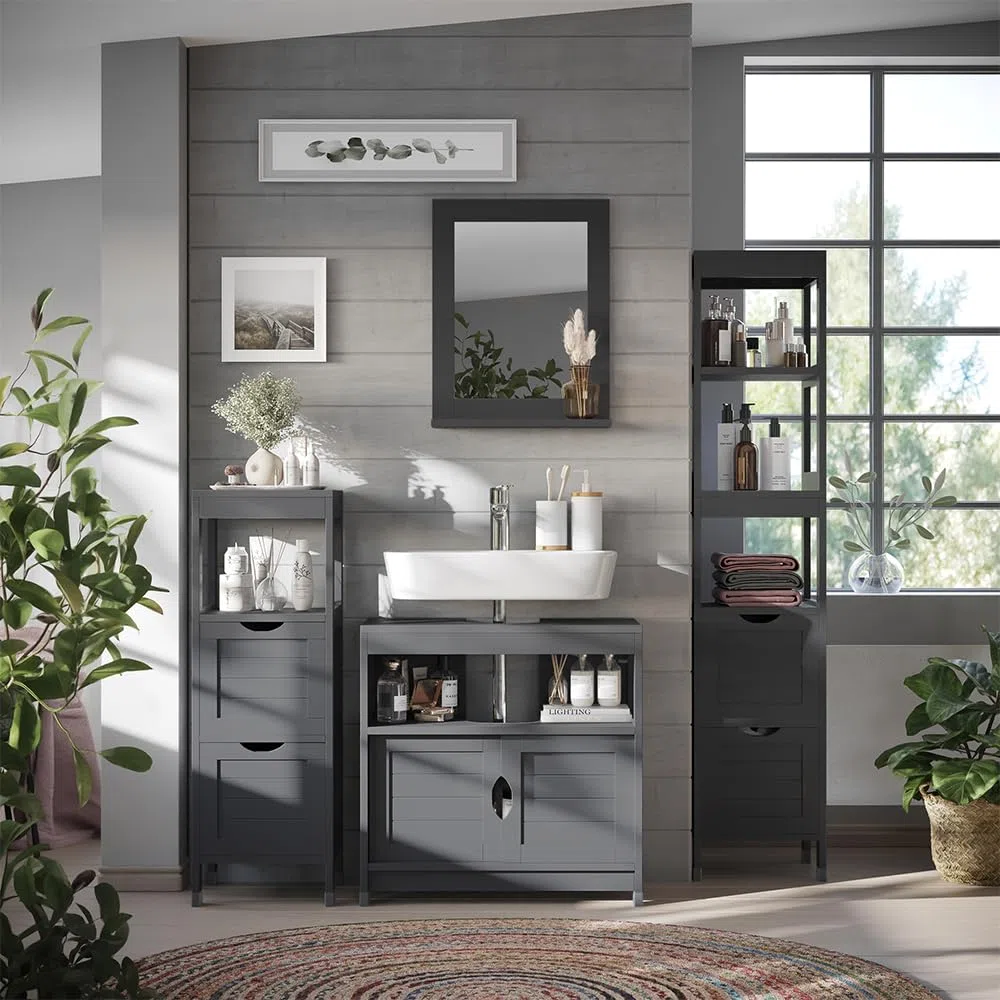 Vicco Specchio da bagno Vilda, Grigio, 40 x 50 cm, per la conservazione di accessori da bagno e prodotti per la cura