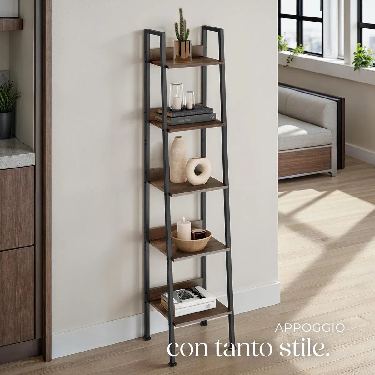 tectake® Scaffale a Scala, Libreria Verticale con 4 Ripiani, Struttura in Acciaio porta libri, Libreria Verticale, Facile Montaggio - 35,5 x 31,5 x 170 cm - Legno industriale scuro