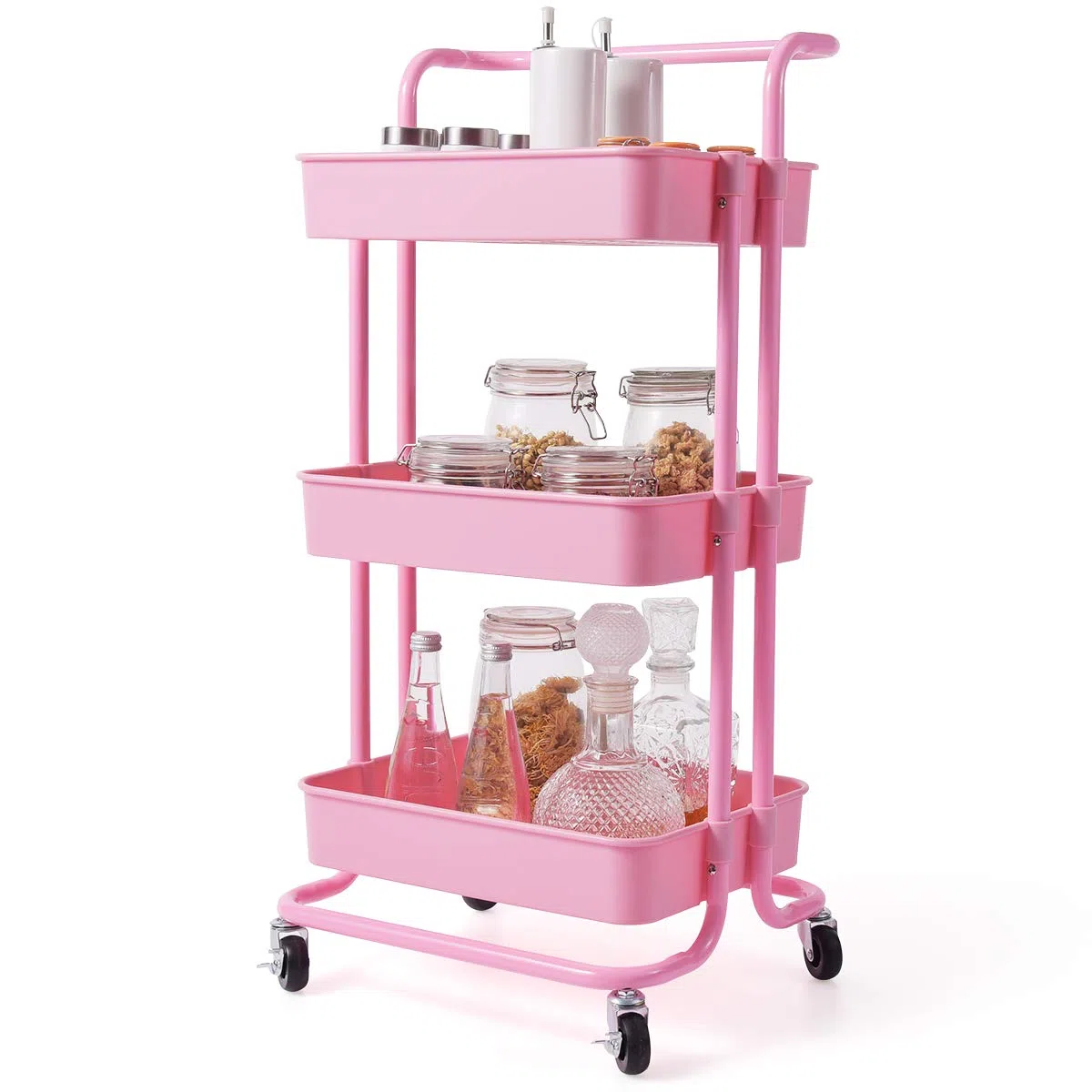 GYMAX Carrello Portaoggetti con Ruote, 3 Cassetti, Carrellino Organizzatore Salvaspazio, per Uffici, Parrucchieri, Studio, Soggiorno, 42x35x87cm (Rosa)