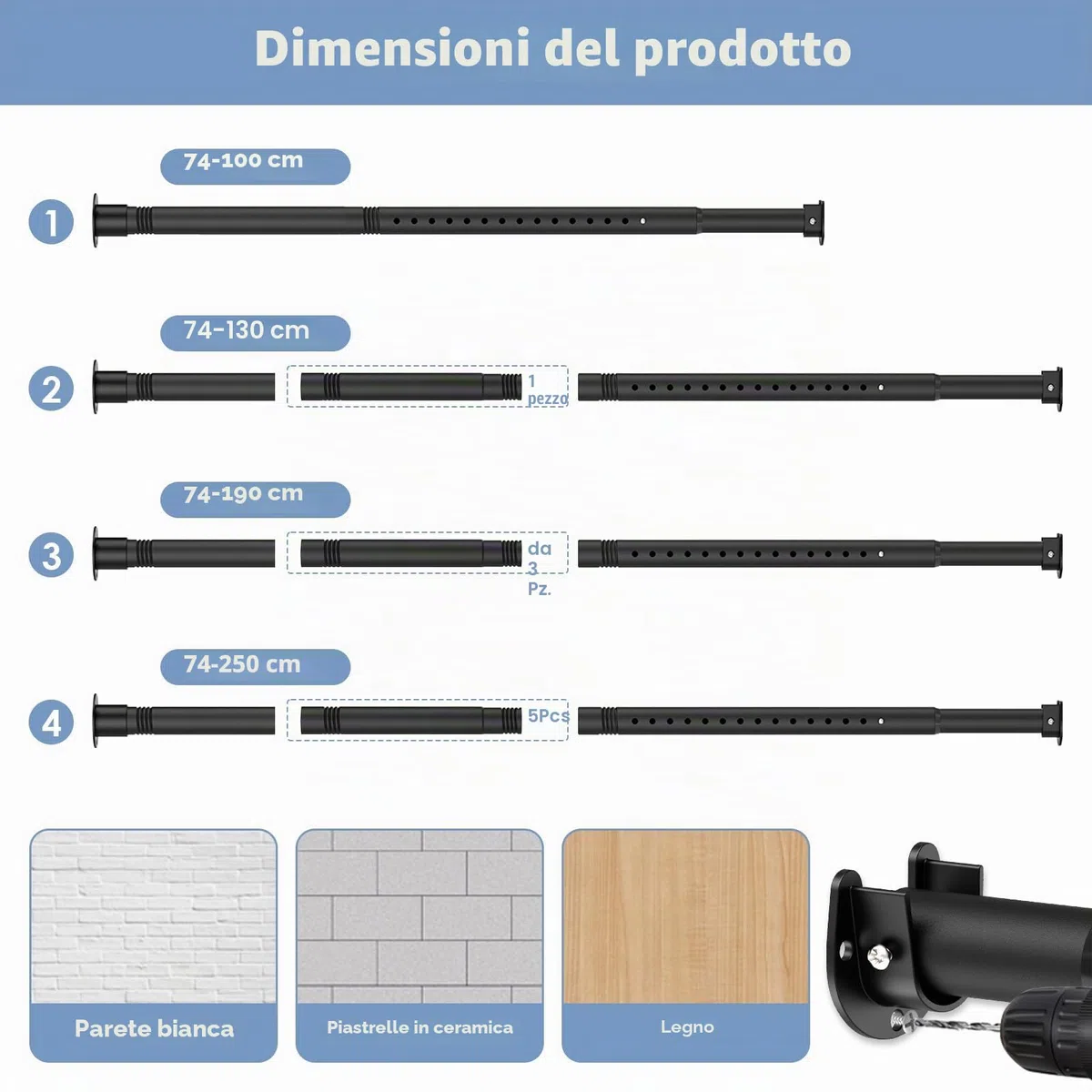 Bastone appendiabiti estensibile nero, 74-130 cm, appendiabiti robusto con punte, diametro 33 mm, adatto per armadi, balconi, bagni.