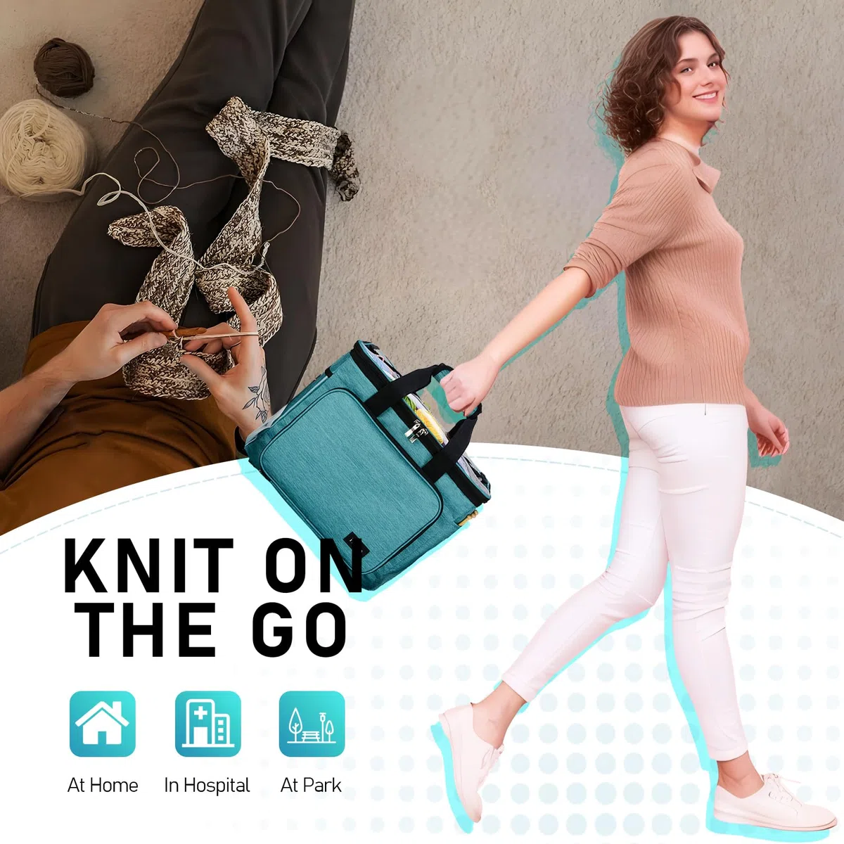 Hoshin Borsa Porta Lavoro a Maglia,Honshin Borsa Porta Gomitoli Uncinetto Portatile per Trasportare Progetti, Ferri da Maglia, Uncinetti, Gomitoli di Filato(Verde)