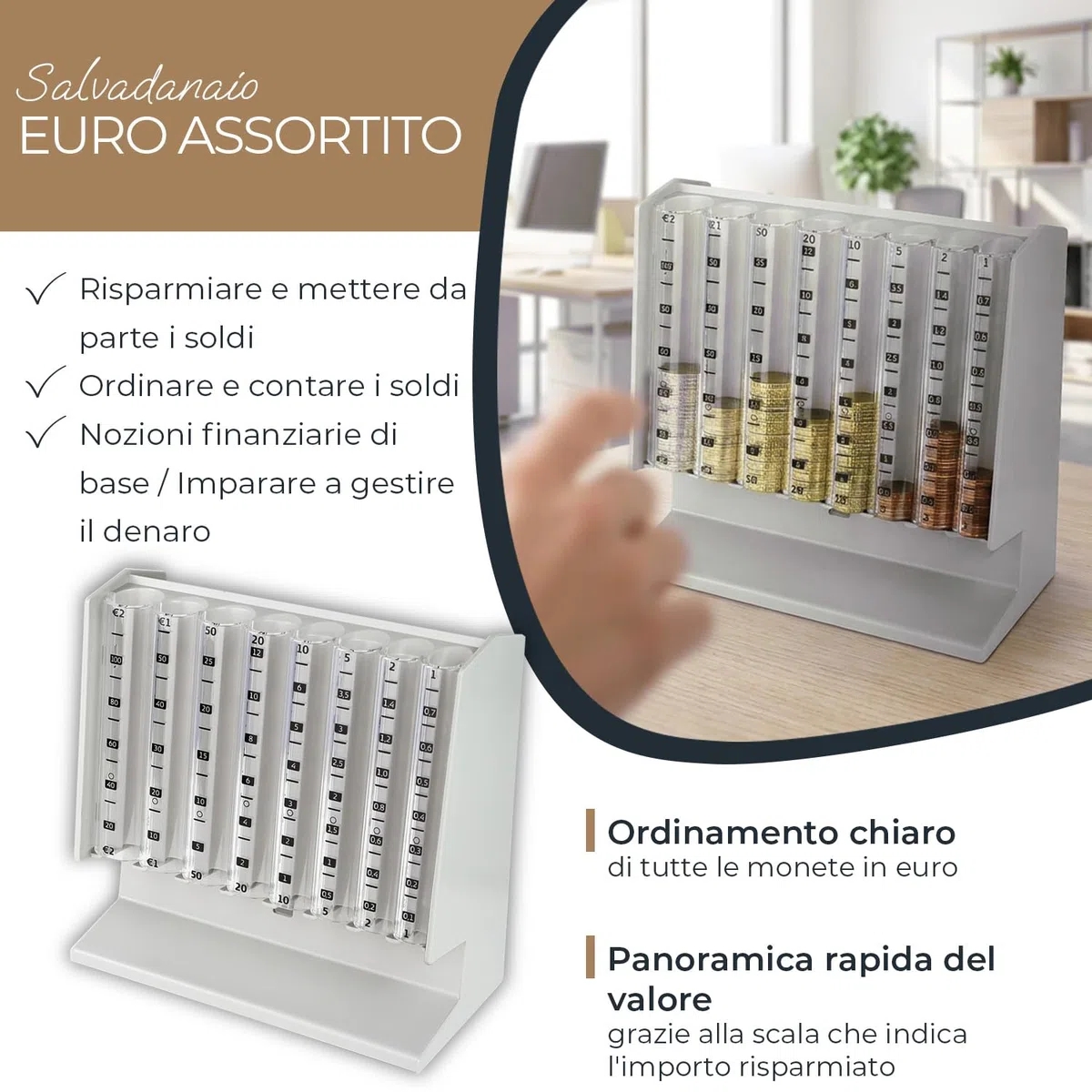 HMF Contamonete per ordinare e conservare gli spiccioli, selezionatore di monete trasparente con scala dei valori, salvadanaio per bambini | 21 x 19,5 x 10 cm | Grigio chiaro